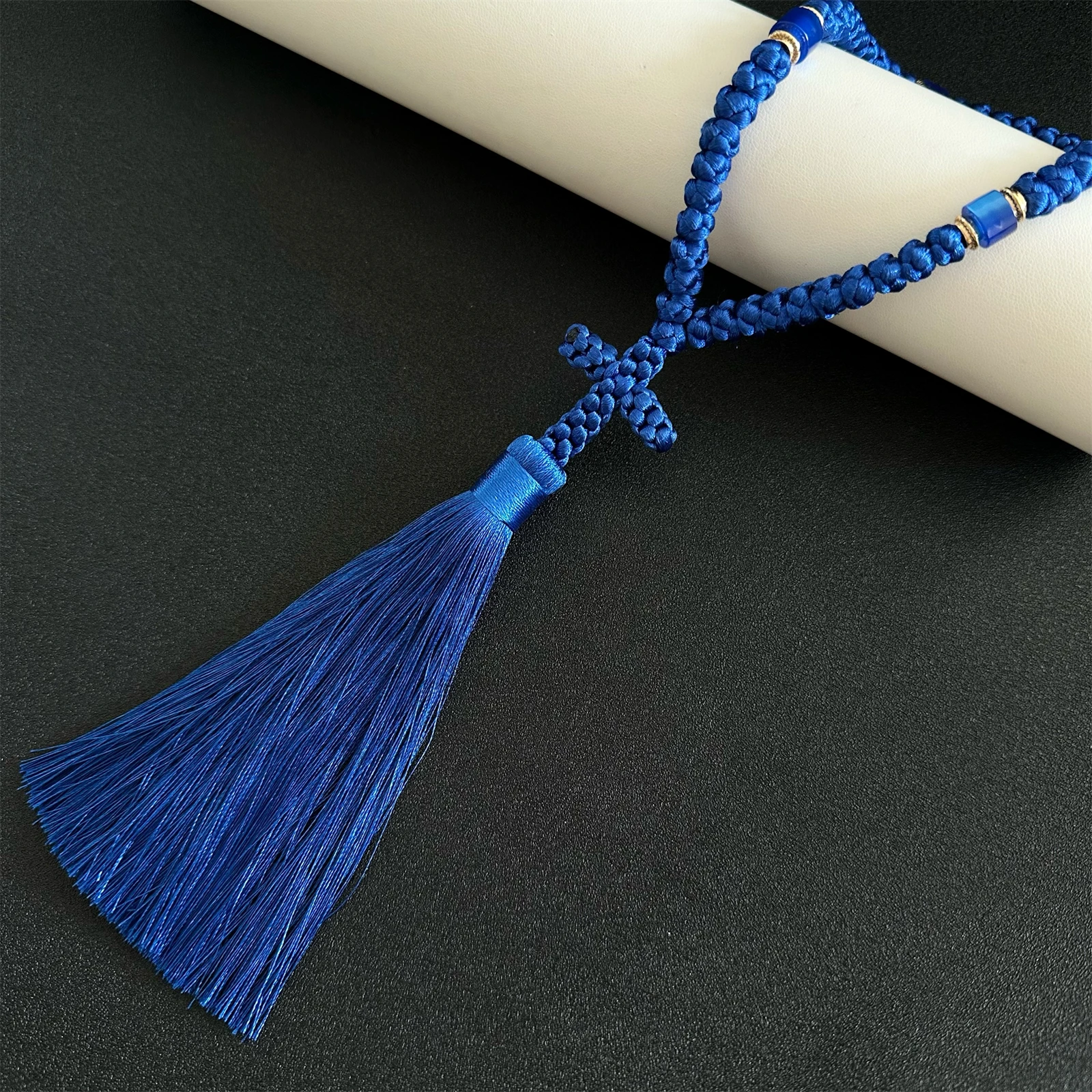 Handemde Black Chotki Christian Orthodox Prayer Rope, Blue 100 Knot Greek Omboskoini Greek Gifts Car Hanging Charm Home Ornament