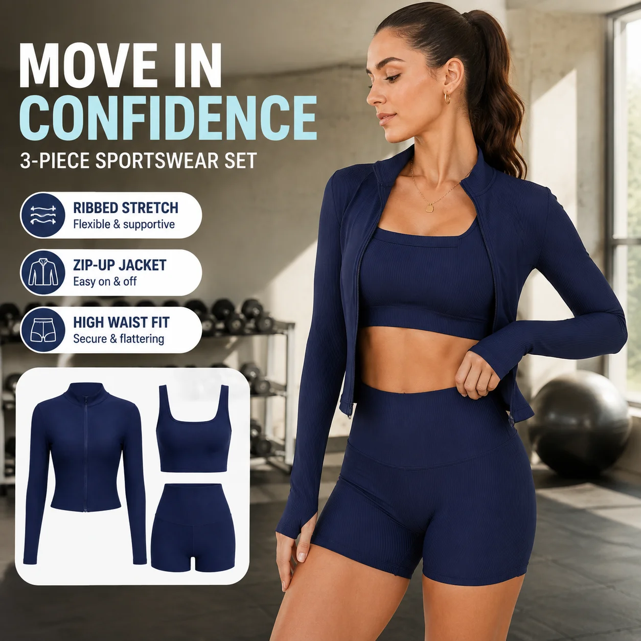 Tank Top Ribbed - Women's Ribbed Shorts Workout Set: Zip