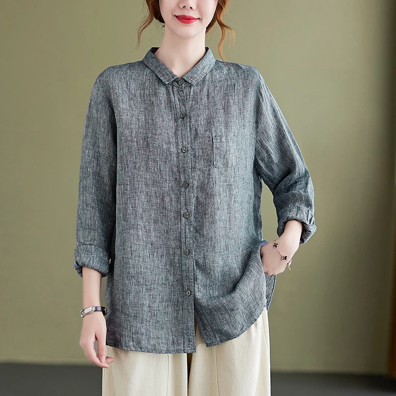 

Artistic Vintage Cotton Linen Long Sve irt Women's Top Autumn New Loose Faionable Anti-Aging Linen Base irt