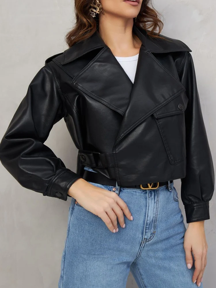 Ailegogo New Spring Autumn Women Loose Short Pu Black Leather Jacket Moto Biker Female Big Pocket Label Streetwear Coat Outwear