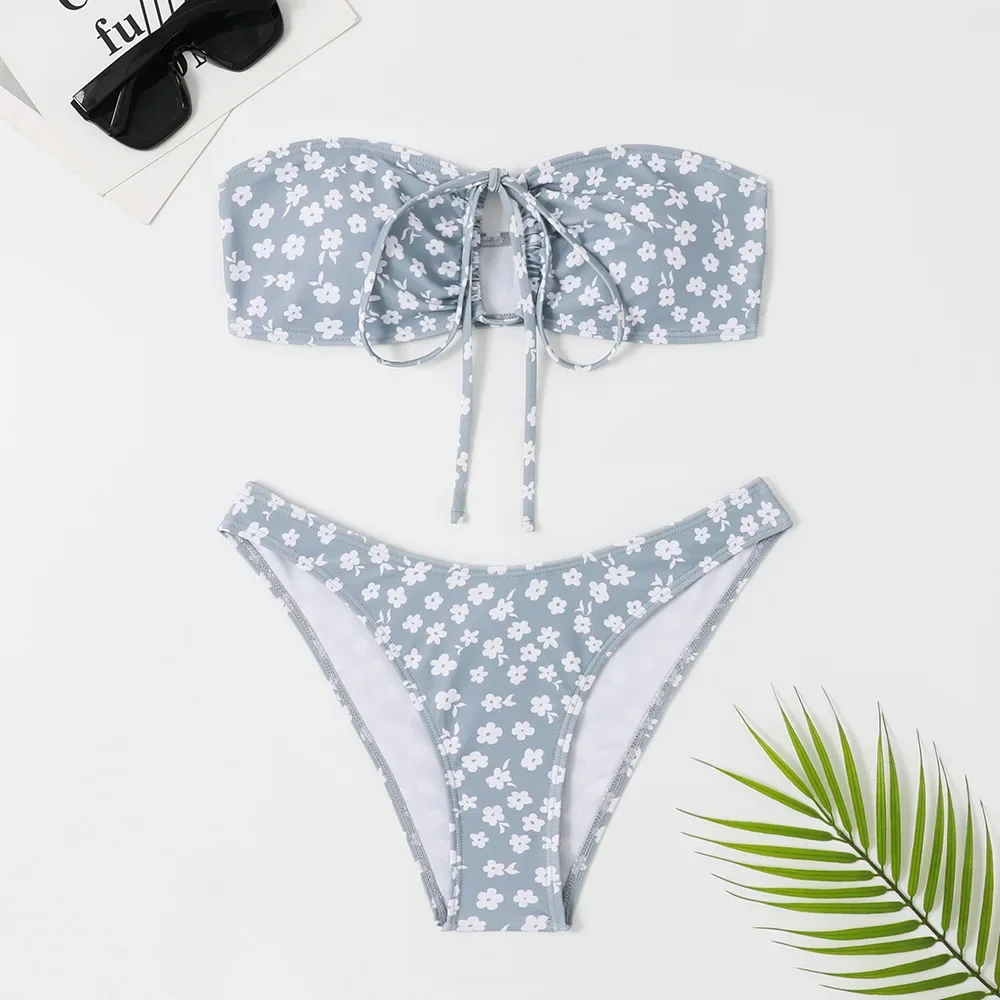 Sexy Floral Print Bandeau Swimwear Micro Thong Bikinis Set String Lace-up Swimsuit Women Bathing Suit Hollow Out Bather Biquinis