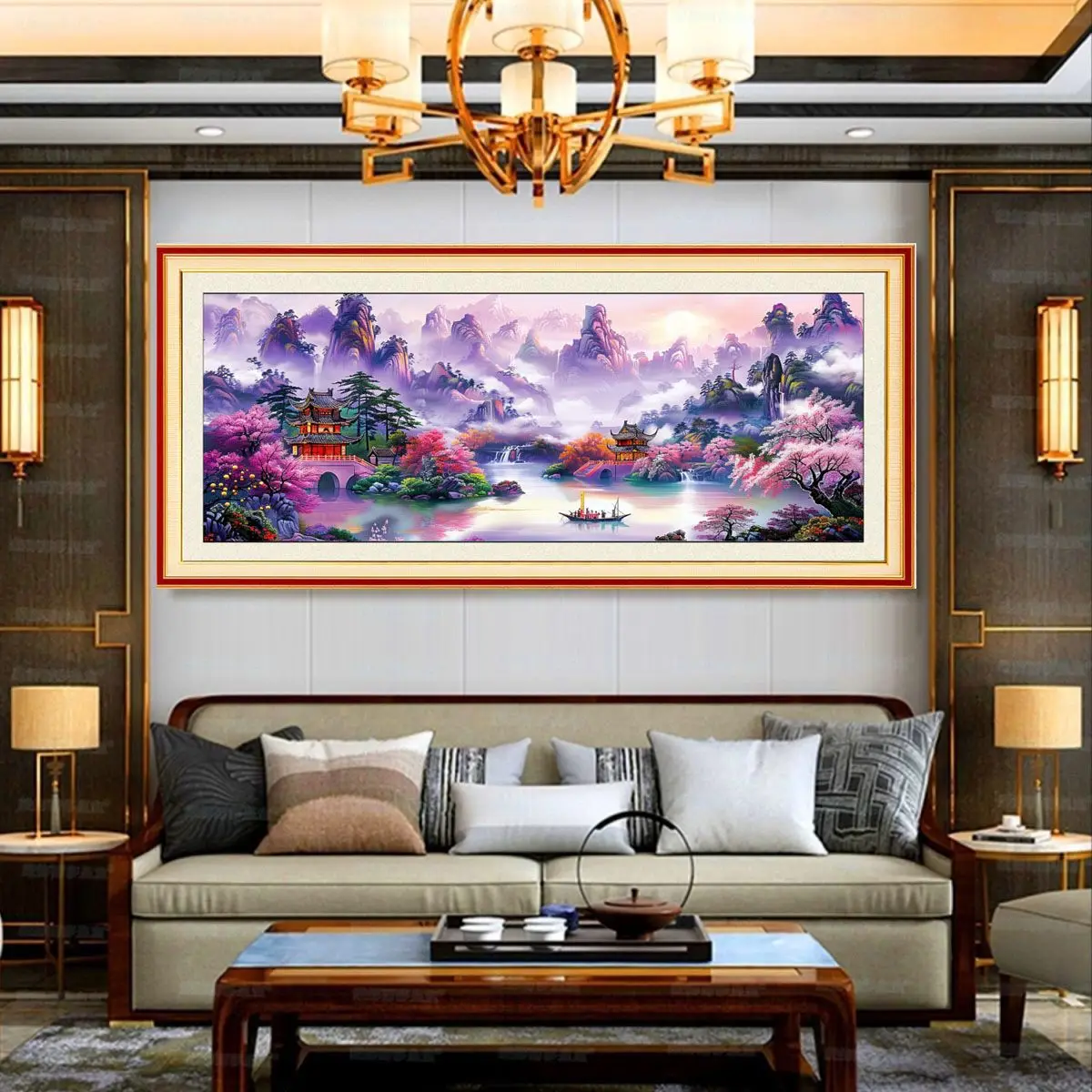 9ct 200x75cm Waterfall Purple Landscape  Embroidery DIY Chinese Style Printed Kits Cross Stitch Needlework Set Home Decor Crafts