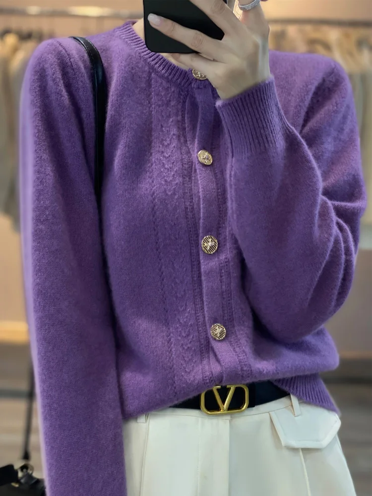 Addonee Women Sweater Autumn Winter O-neck Cardigan 100% Merino Wool Soft Knitted Coat Grace Clothing Chic