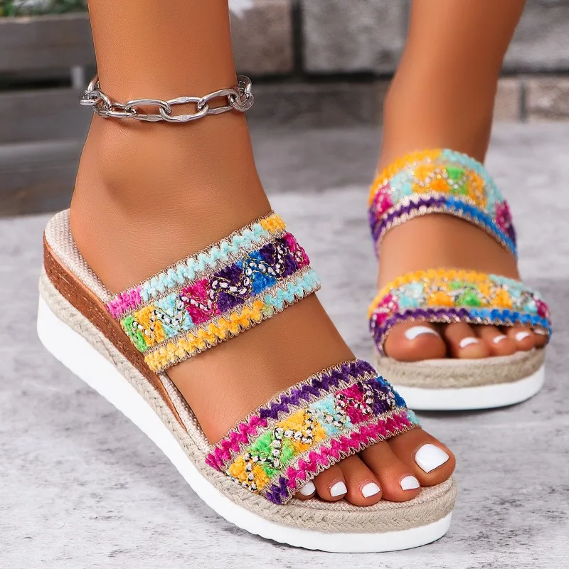 Sandals Women Ladies 2024 Summer Casual Colour Blocking Bohemian Style Weaving Thick Bottom Slope Heel Womens High Heel Sandals