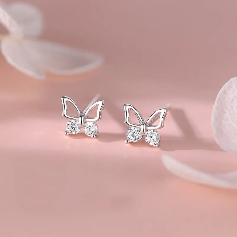 1 pair of exquisite and compact zircon butterfly 925 sterling silver earrings, the perfect gift for girls