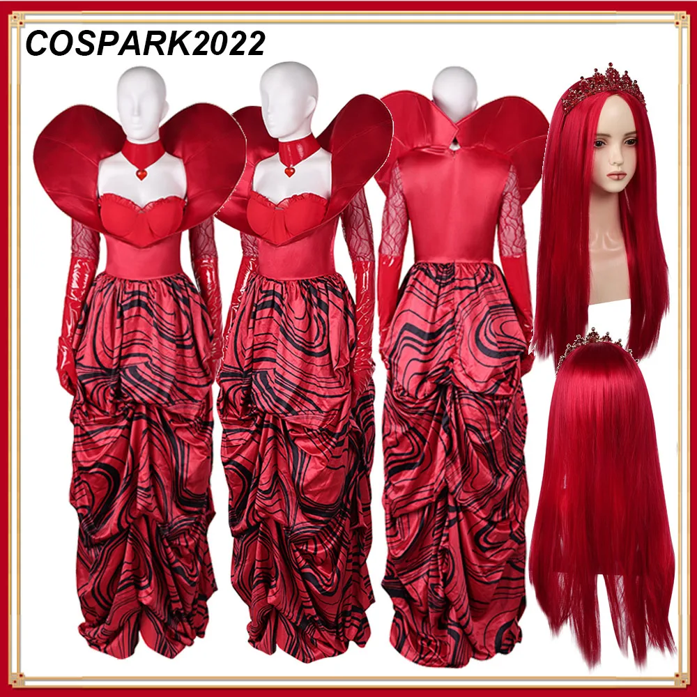 Descendants Fantasy Queen of Hearts Cosplay Costume Outfits Halloween Carnival Adult Women Red Dress Wig Headband Party Suit