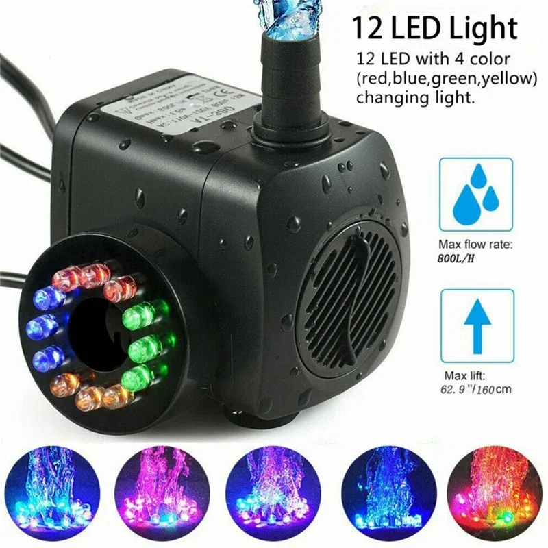 8W 12 LED Handicraft Pool Fountain Mini Submersible Pump European and American Standard 800l/h Water Pump 110-120v/220-240v