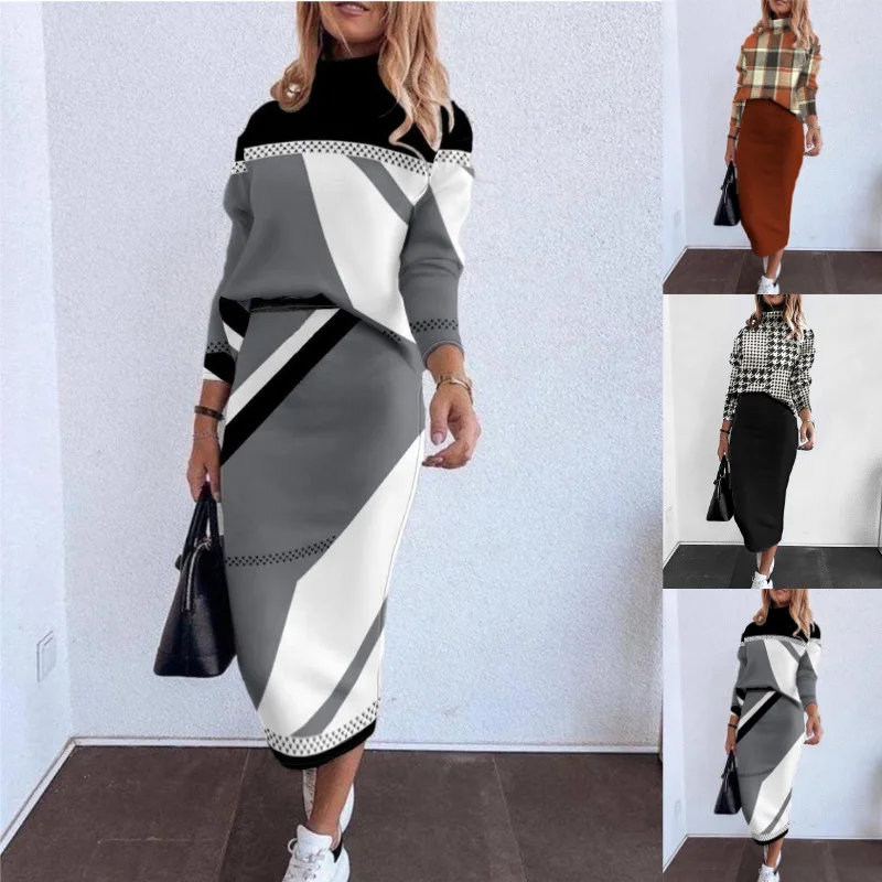 Fashion Printing Women Dress Sets Bodycon Slim Skirt and High Callor Long Sleeve Pullover Top Suits Casual Female Dress Sets