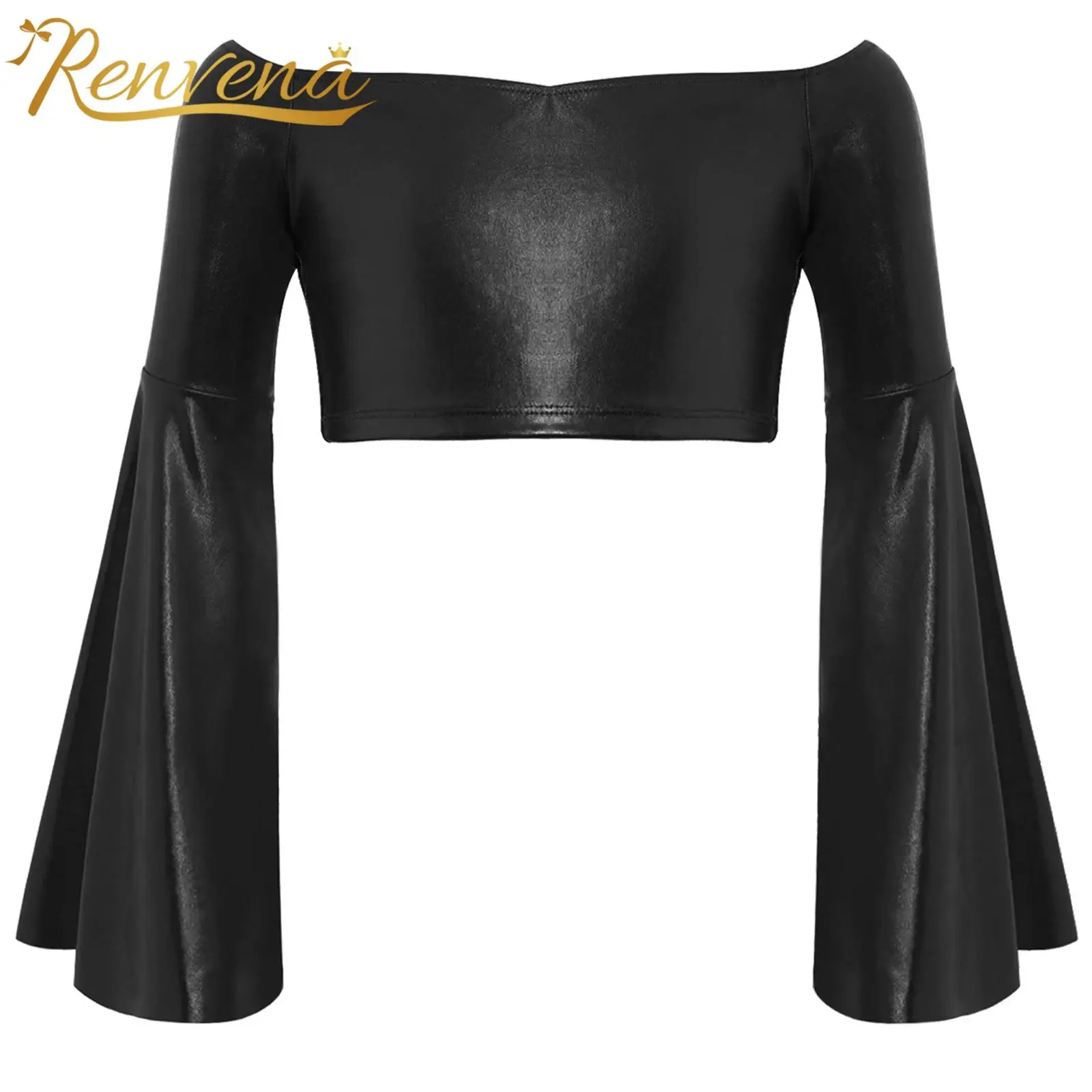Kids Girls Off-Shoulder Modern Dance Tops Children Flared Sleeve Metallic Ballet Crop Top Disco Party Stage Performance Costume