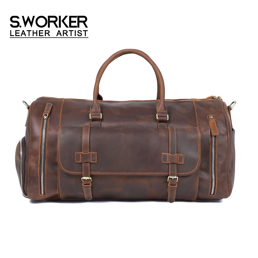 S.WORKER Luxuriöse Reisetasche aus Vollnarbigem Rindsleder im Vintage-Stil, Große Handgepäcktasche – Detail 2