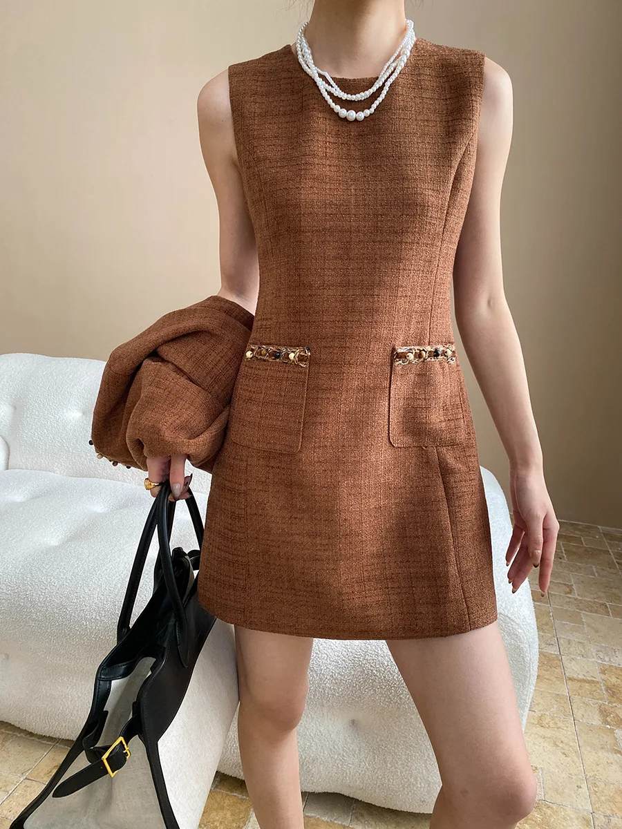 Spring and Autumn Women's Casual Solid Color Round Neck Sleeveless Slimming Dress