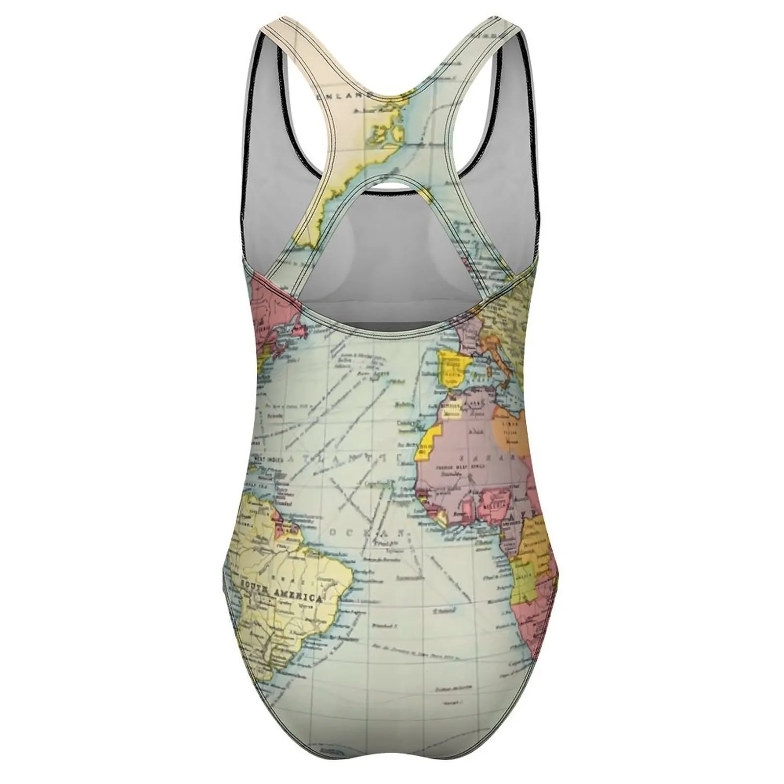 Vintage Historical World Map Swimsuit Rainbow Map One Piece Swimwear Push Up Retro Bathing Suit Sexy Sport Graphic Bodysuit