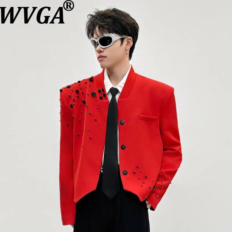 

Мужской укороченный пиджак WVGA: новинка весна-осень, модный, с воротником-стойкой, украшенный стразами, нишевый шик, повседневный стиль, Ins W21423