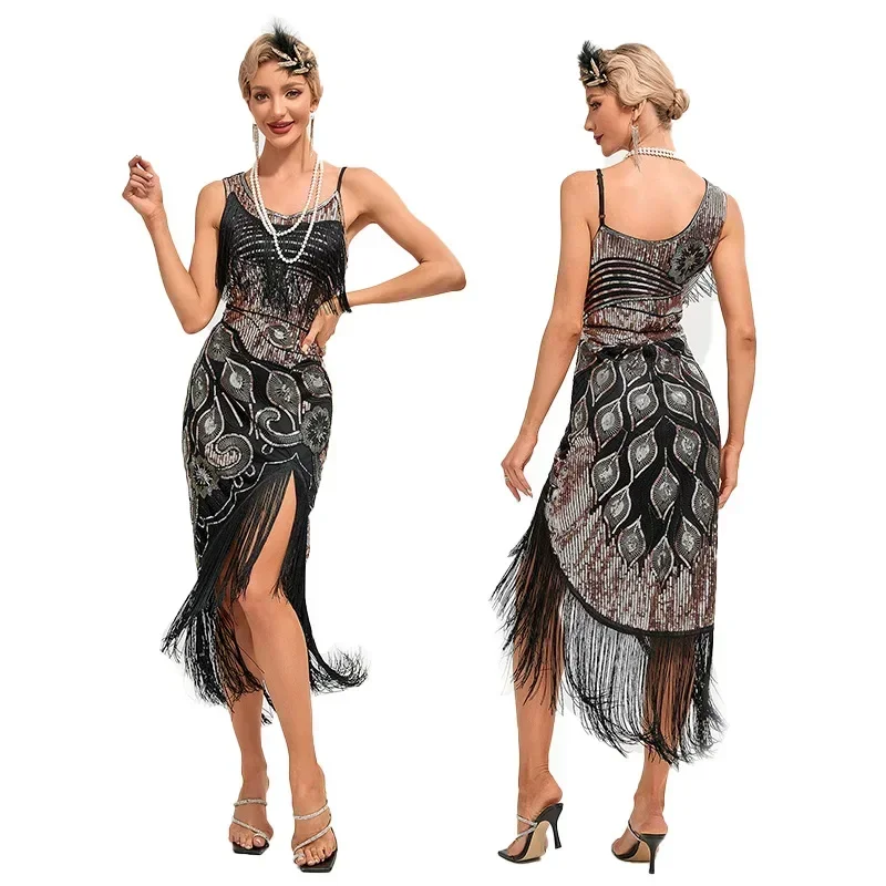 

New Women 1920s Vintage Big U-Neck Flapper dress Great Gatsby Party Cocktail Dress Costume Sexy Ladies 20s Fringe Sling Dress