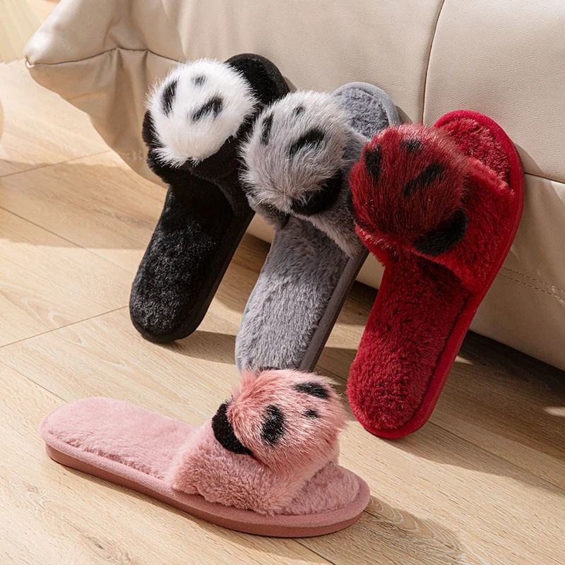 Fluffy Panda Women's Home Slippers Autumn Winter Plush Luxury Designer Woman Shoes Flats Indoor Casual Fuzzy Fur Slides Elegant