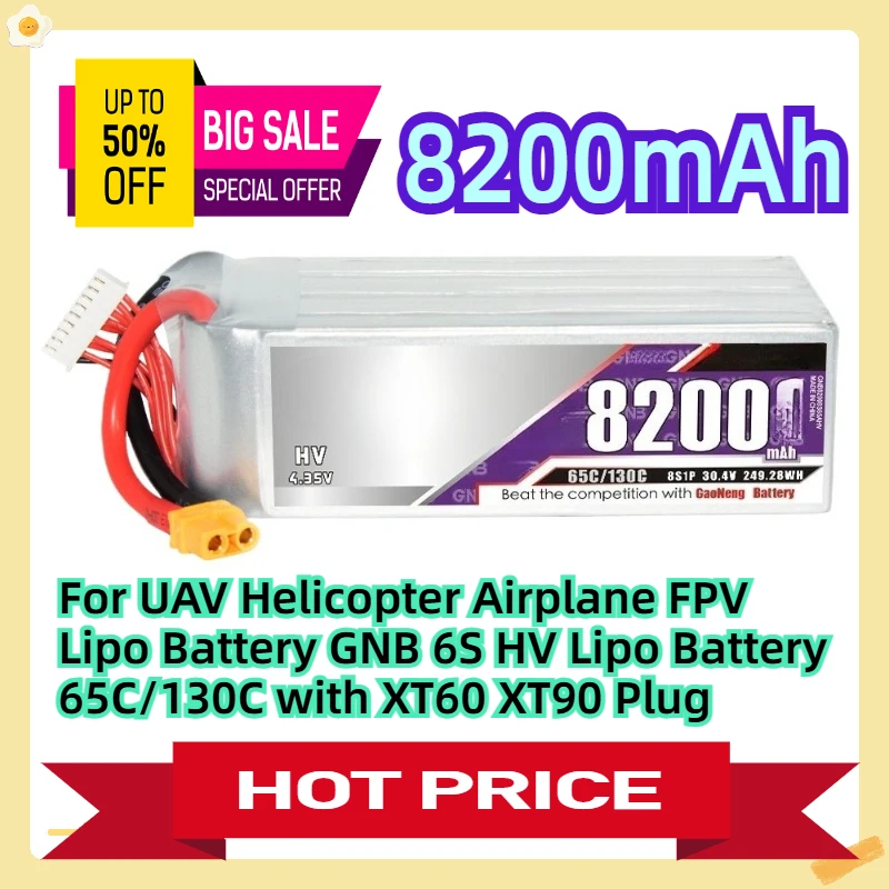 

For UAV Helicopter Airplane FPV Lipo Battery GNB 6S HV Lipo Battery 22.8V 8200mAh 65C/130C with XT60 XT90 Plug