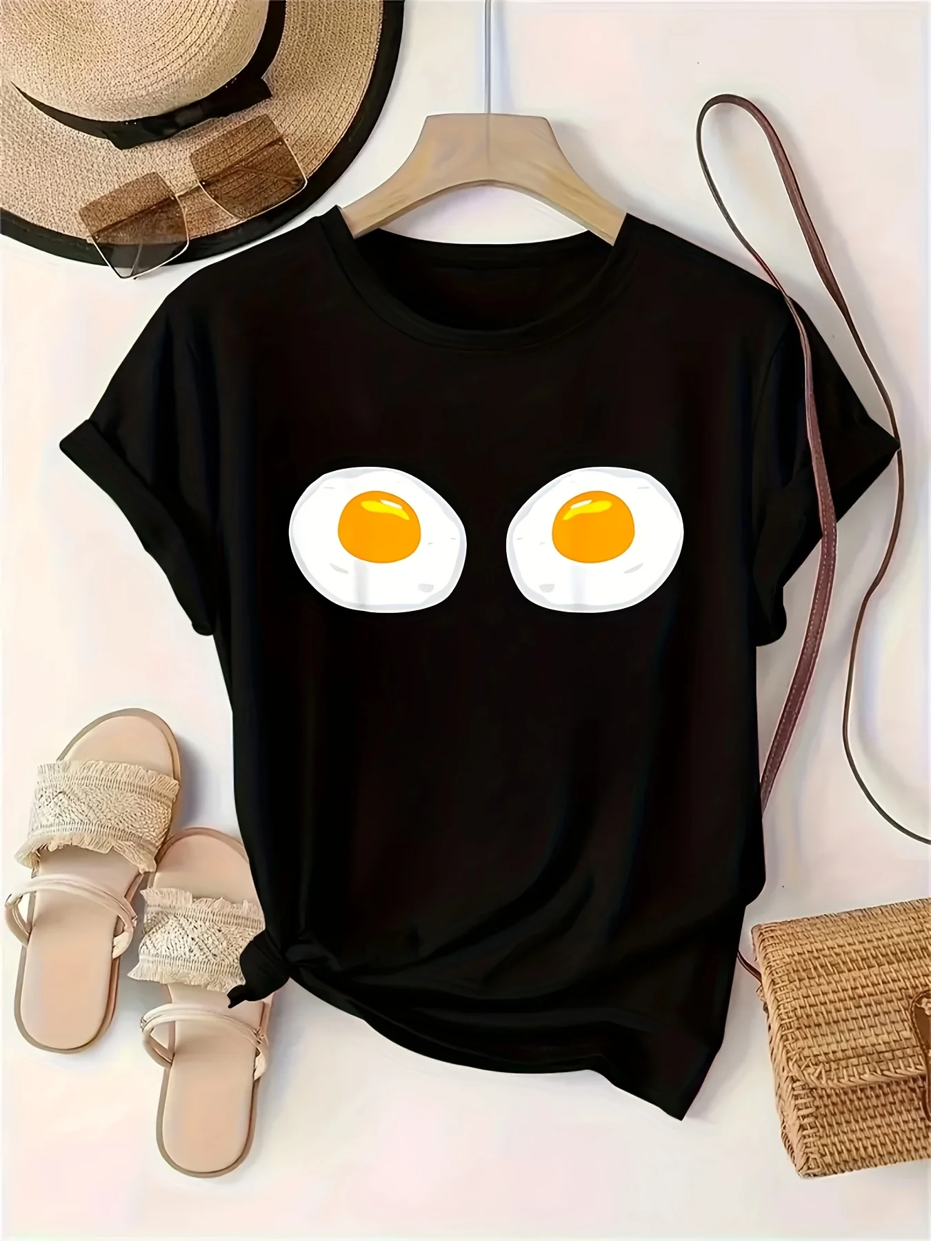 Women'S Casual Crew Neck T-Shirt with Cute Fried Egg Print Short Sleeve Summer Short Sleeved Harajuku Streetwear Tops Tees