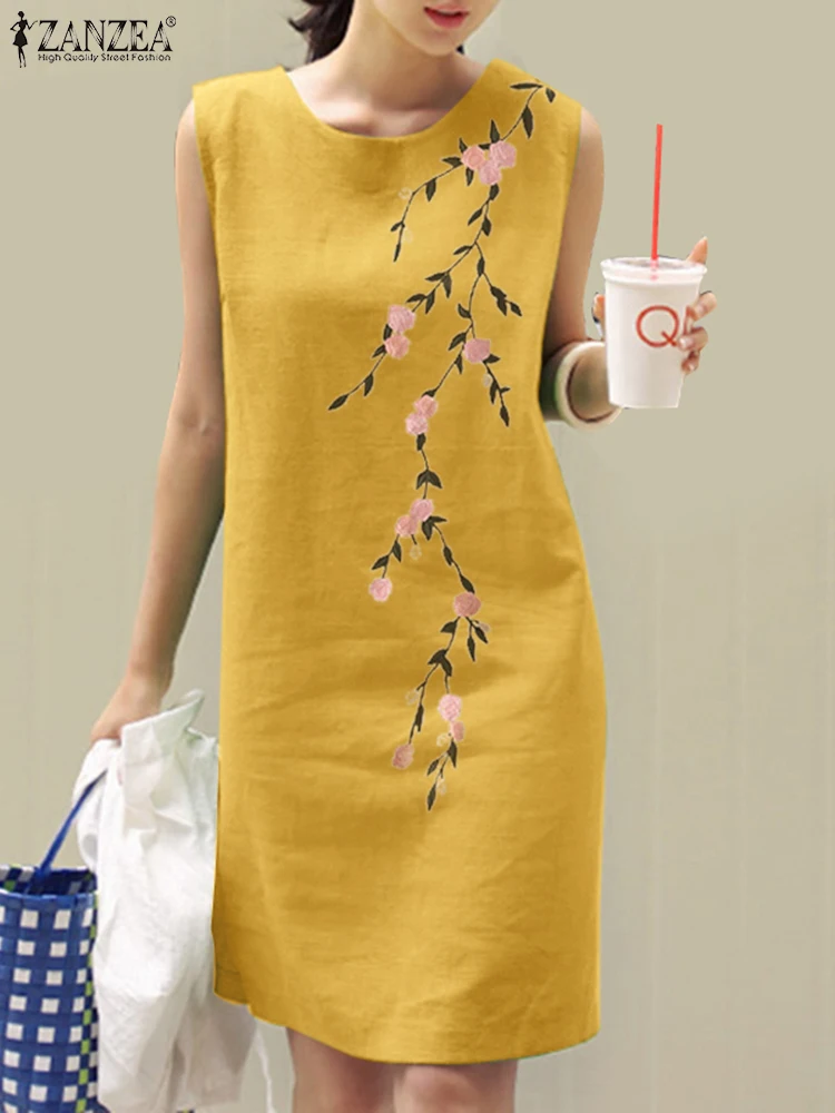 2023 ZANZEA Sommer Ärmelloses Blumen Stickerei Kleid Frauen Böhmischen Strand Sommerkleid Vintage Solide Baumwolle Party Vestido Sarafans