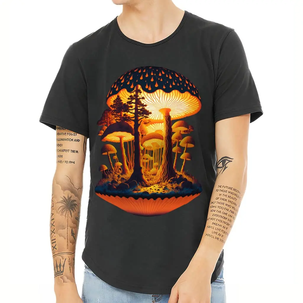 Mushroom Curved Hem T-Shirt  Psychedelic   Art   TeeCartoon Printing  vintage Luxury oversizedAnime Gr