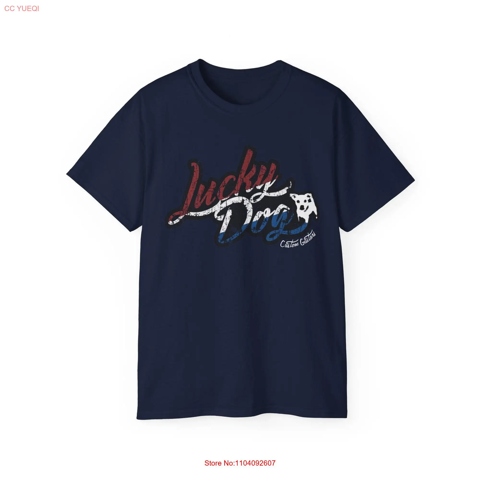 UK buyers only Retro Lucky Dog Guitars Red White Blue T shirt 'Merica Logo Style OG Vintage America Patriotic Nashville