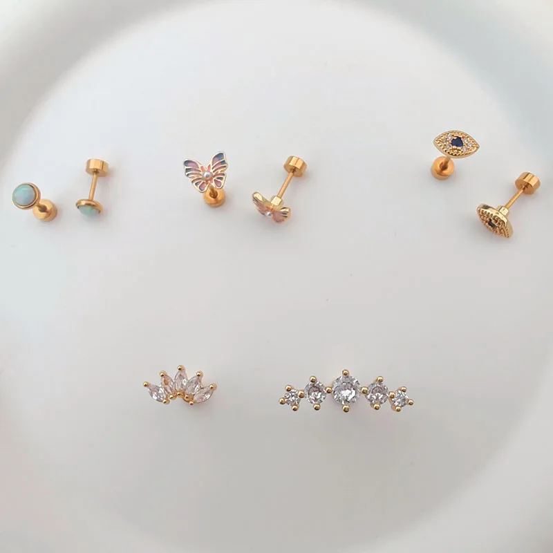 A stylish set of flat back cartilage earrings series for women and girls, screw-tragus earrings piercing jewelry，8PCS