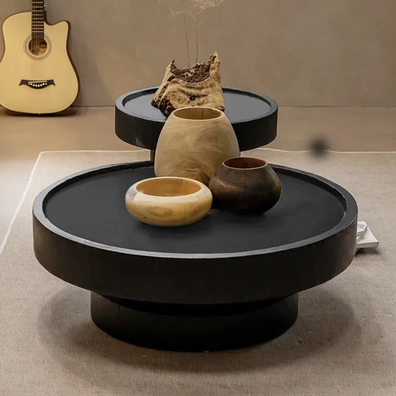 

Minimal small apartment living room small coffee table round medieval black tea table