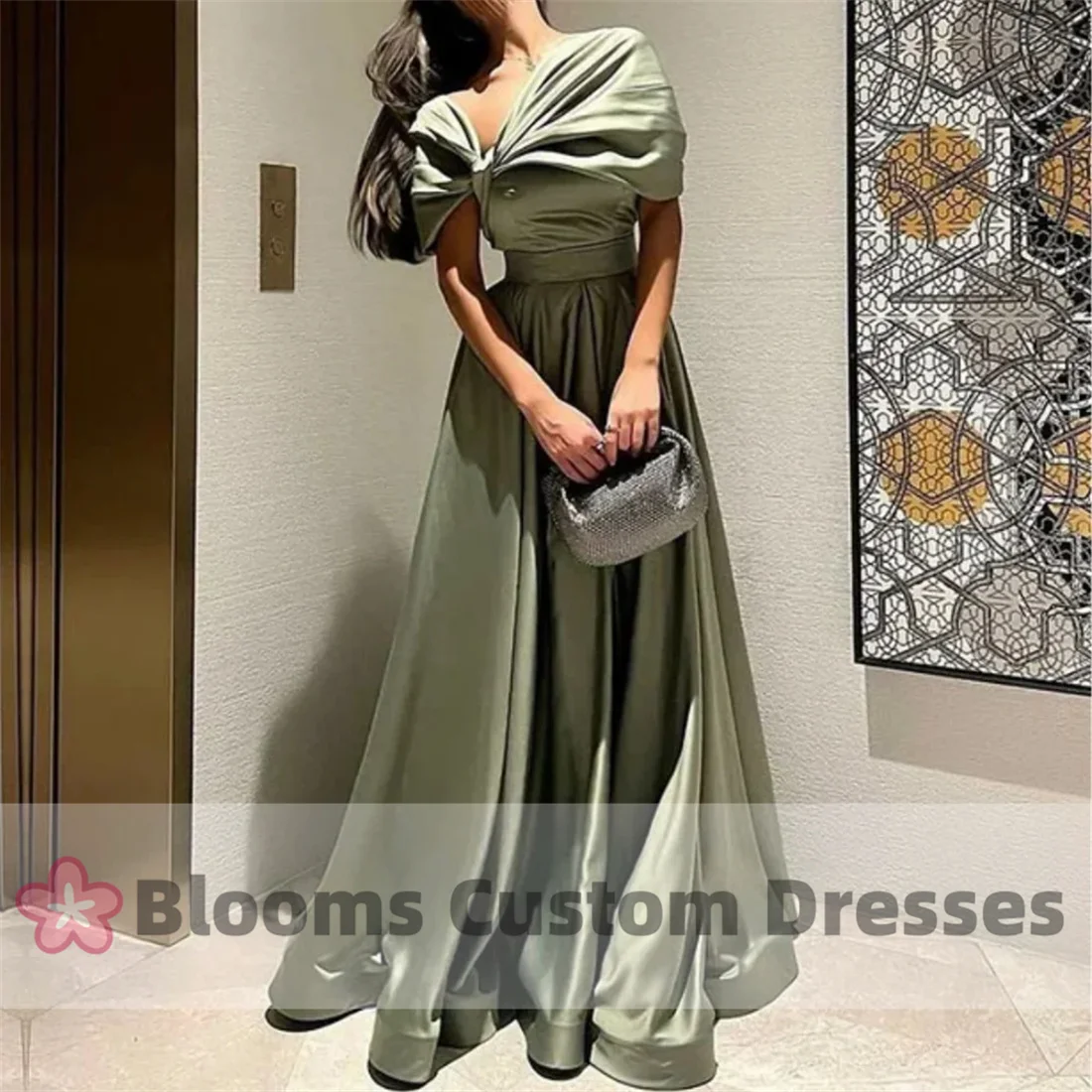 Customized Olive Green Graceful Evening Dress Long A Line Satin Draped Floor Length Off Shouldr Abendkleider Saudi Formal