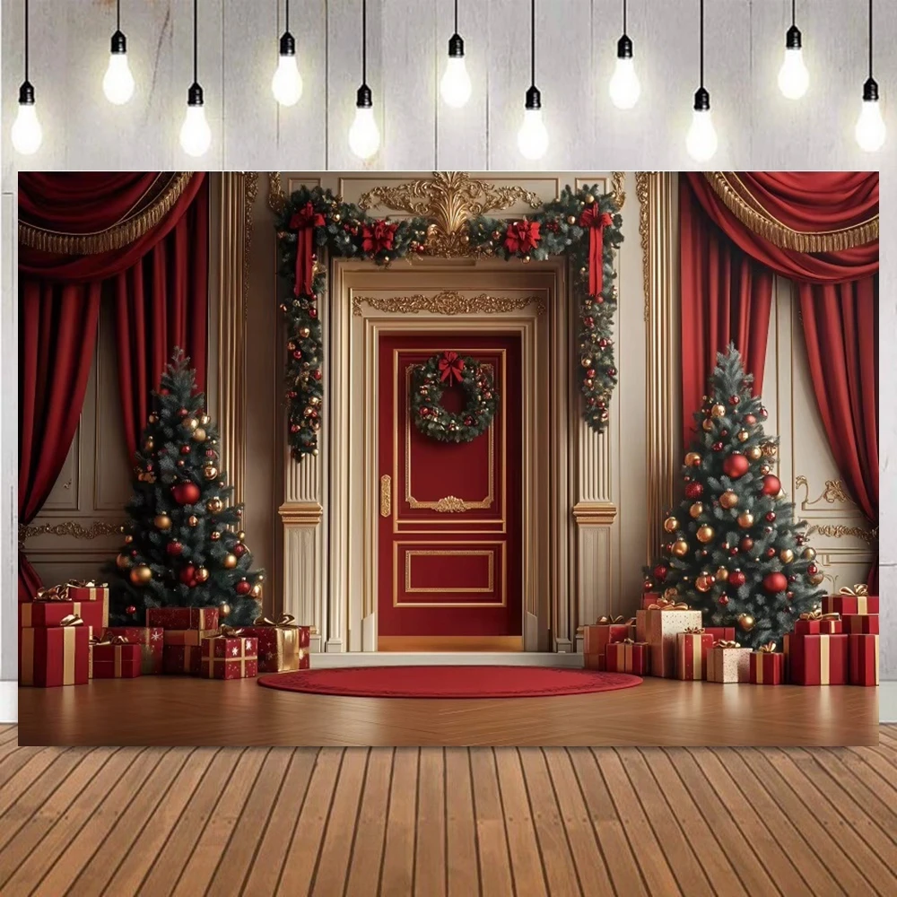 

Luxurious Christmas Photography Background Multicolor Door Windows Red Curtain Xmas Tree Wreaths Indoor Scene Decor Backdrop