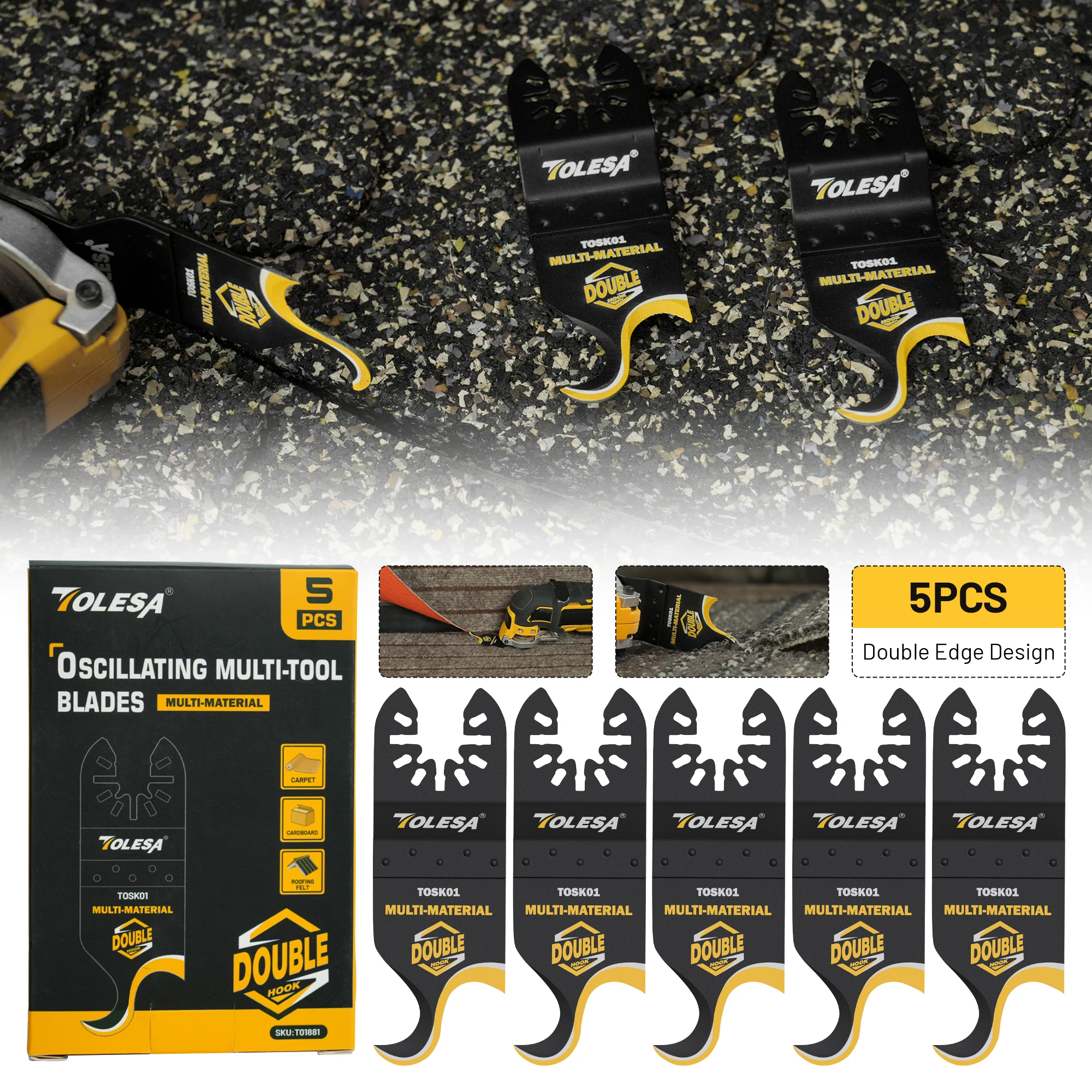 

TOLESA Oscillating Multitool Saw Blades 5PCS Multi Tool Hook Knife Blade Set for Cutting Roofing Shingles, PVC Carpet, Cardboard