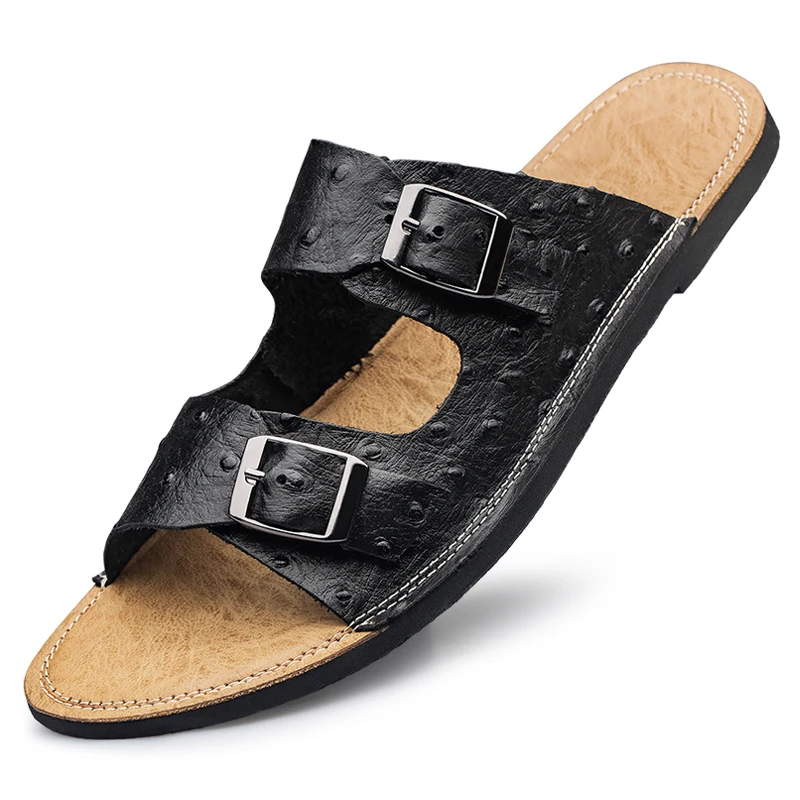 

2022 New Summer Men Black Sandals Genuine Leather Quality Beach Slippers Casual Shoes Flat Outdoor Beach Shoes Big Size 38-47