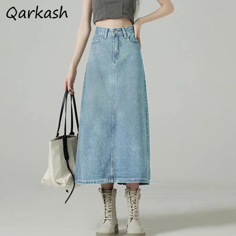 Denim Skirts Women Midi Back-slit Vintage Loose Streetwear Chic A-line Temper Casual Korean Style Females Spring Faldas Simple