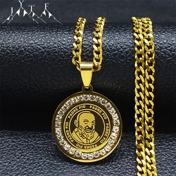Padre Pio Rhinestones Pendant Stainless Steel Crystal Necklaces for Women Men Gold Color Statement Christian Chain Jewelry Gift