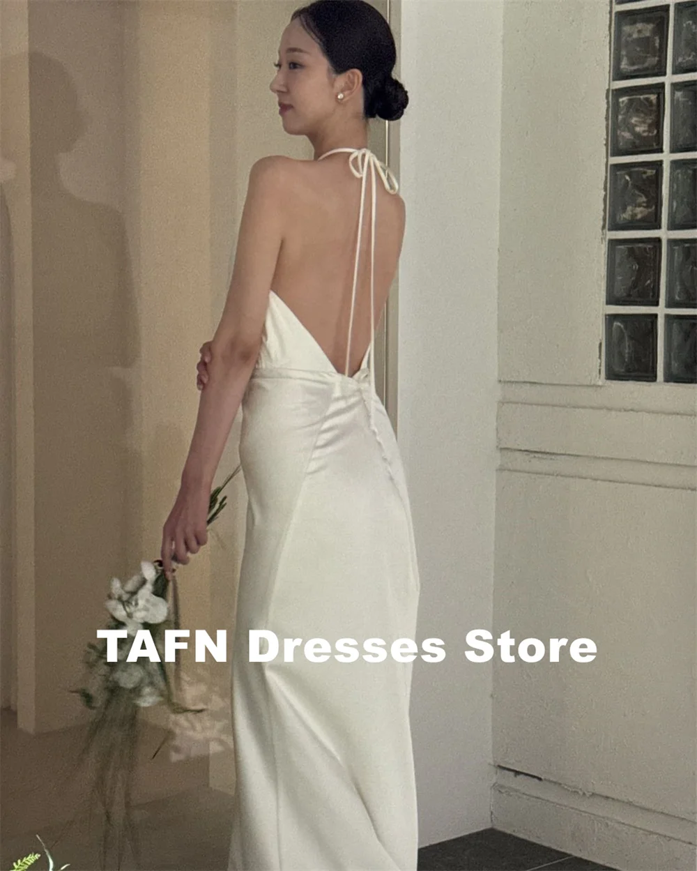 Tafn coreia simples elegante sem mangas vestidos de recepção de casamento sessão de fotos a linha halter sem costas vestido de noiva personalizado