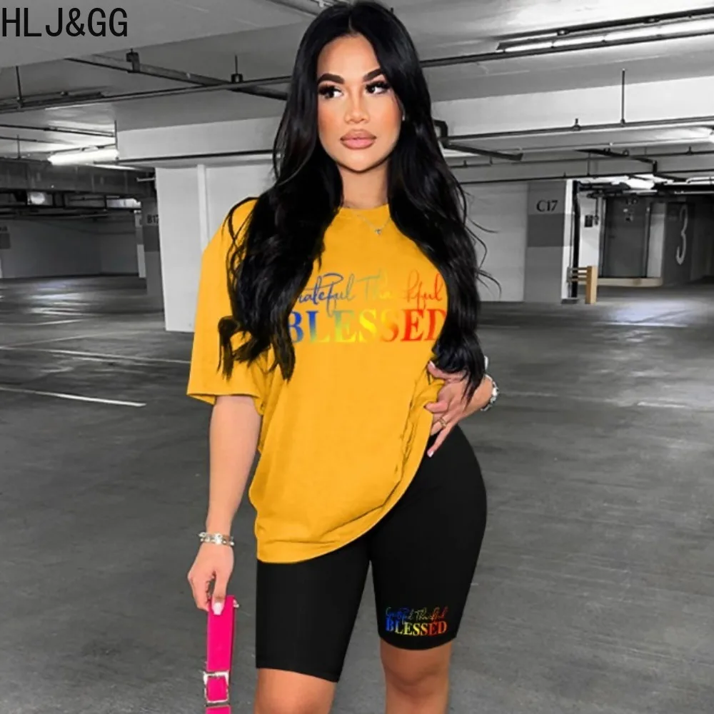 

HLJ&GG Fashion Streetwear Women Round Neck Short Sleeve Tshirt And Biker Shorts Two Piece Sets Summer Female Sporty 2pcs Outfits