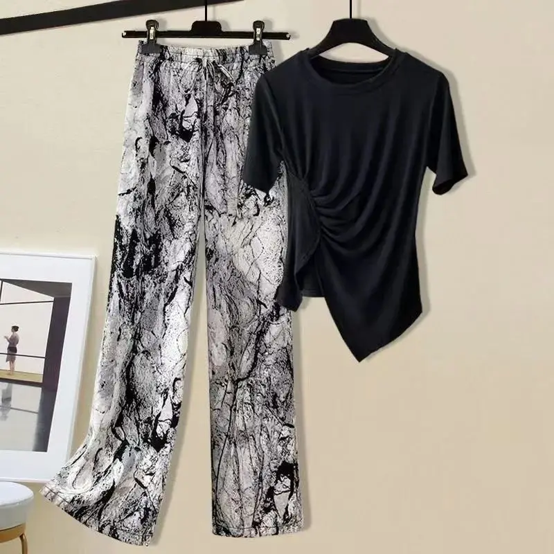 2023 Summer Cool Ice Silk Design Sense Caution Machine Short Sleeve T-shirt and Casual Wide Leg Pants Fashion Set Two Piece Set