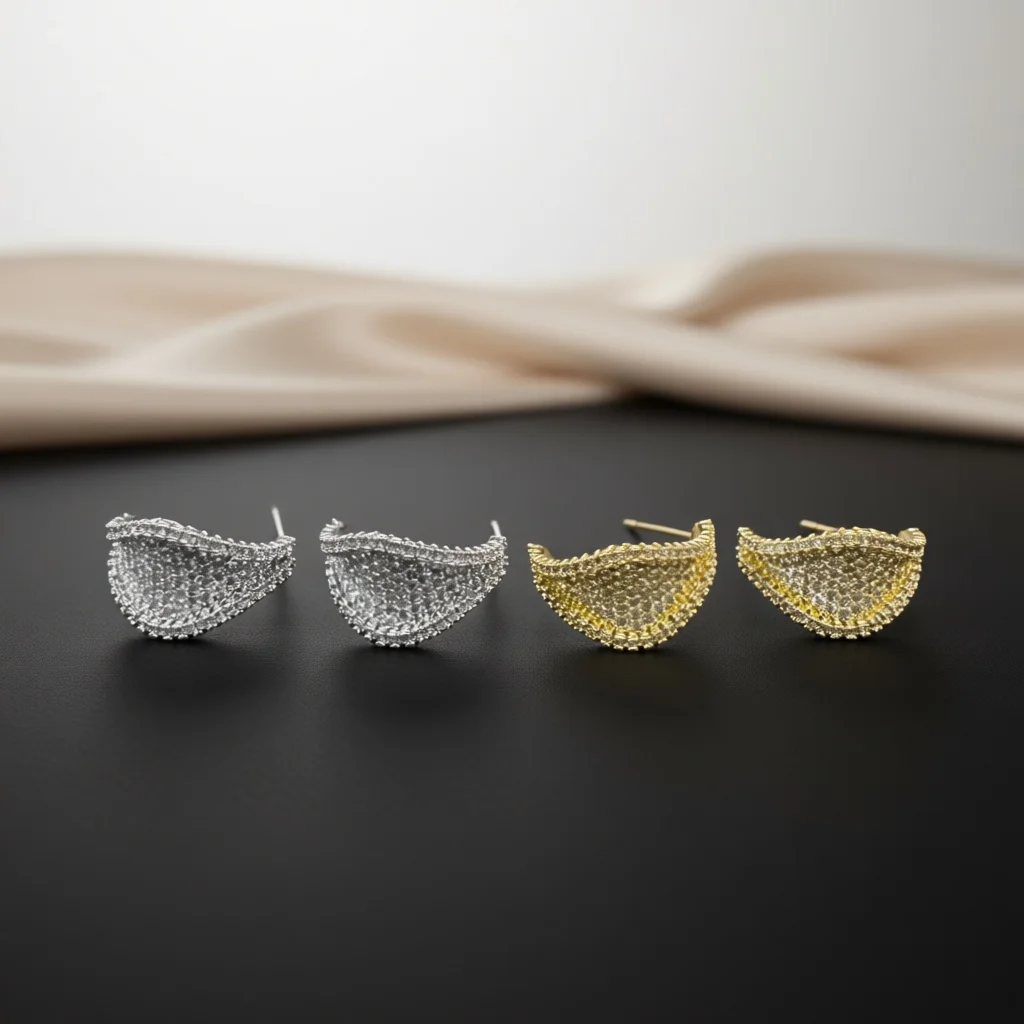 Fan‑Shaped Pave Zircon C‑Shape Stud Earrings Scalloped Edge Half‑Hoop Design Two‑Tone Women Earrings Sparkling Fashion Jewelry
