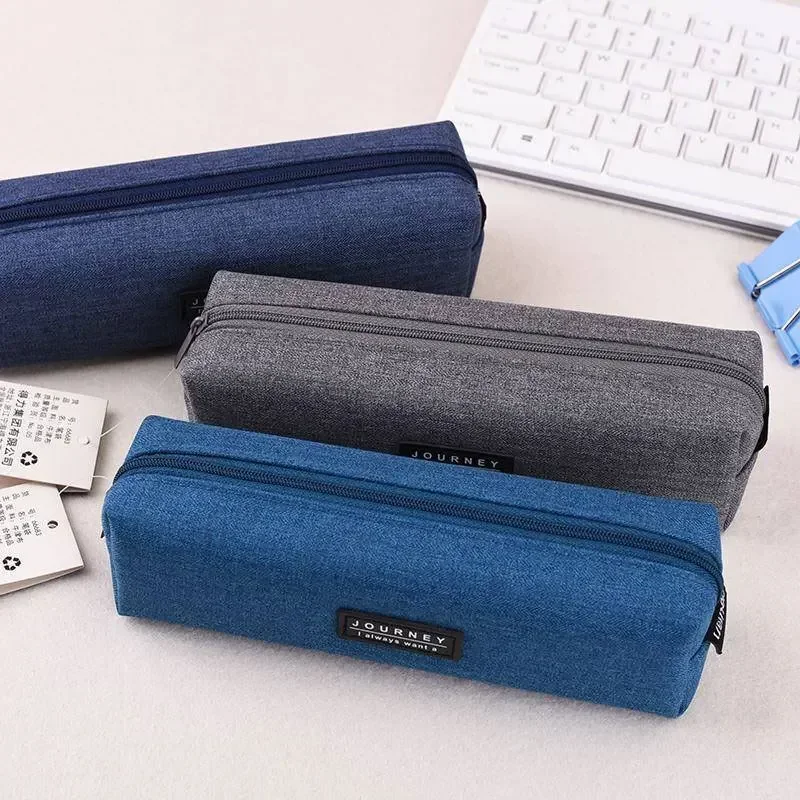 

Canvas Blue Pencil Case Solid Color Stripes Simple Pencil Bags for Student Cosmetic Bag New Stationery School Makeup Bag Neceser