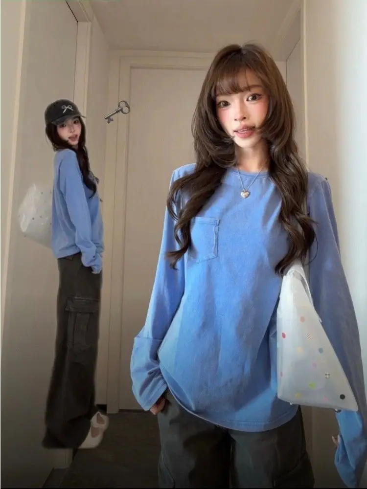 Korean Style Washed Blue Long Sleeve T-shirt for Women Autumn Basic Loose Casual Layering Tops Harajuku Fashion Soild Clothes
