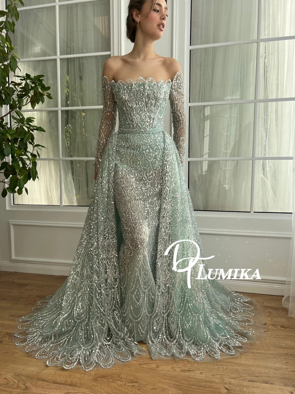 Robe de soirée scintillante vert menthe, 2 en 1, personnalisée, épaules dénudées, robe de bal gracieuse et complexe, ligne A, vêtements de fête pour Banquet