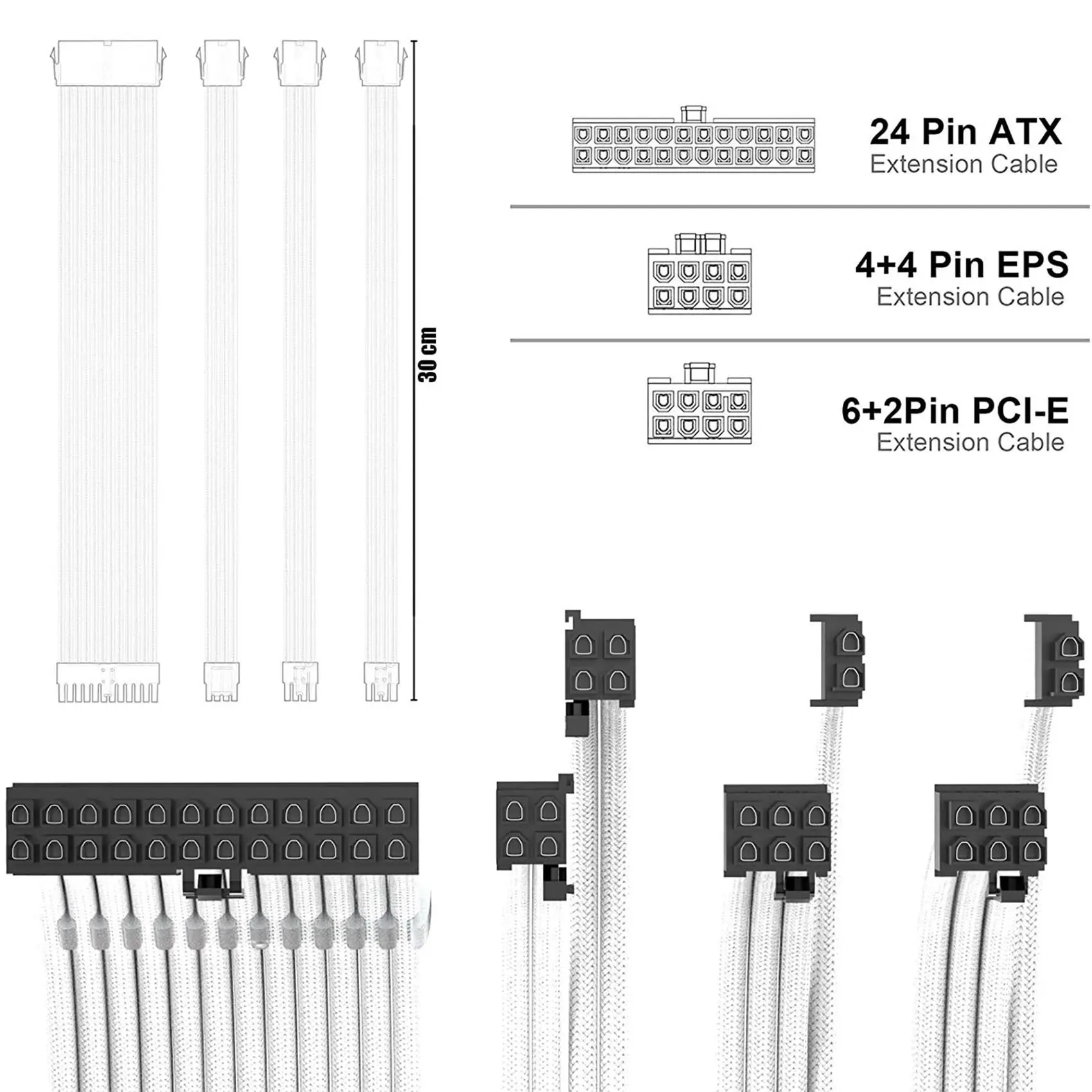 ABRI-2X PSU Cable Extensions Kit 30CM With Cable Combs Extension Power Supply Cable 24Pin 8Pin(4+4) 8Pin(6P+2P) For ATX Power