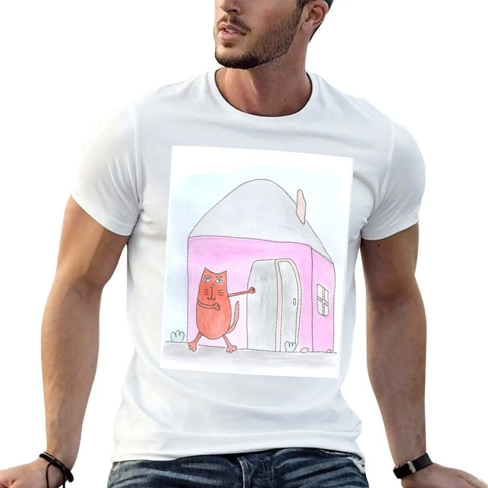 Cat points to the house. Real estate, rent T-Shirt Fashion Letter Print T-Shirt