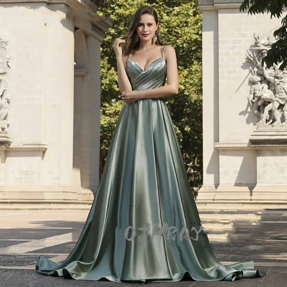 Sweetheart Avocado Green Evening Dresses Women Sleeveless Sweep Train A Line Elegant Prom Gown Party Dresses