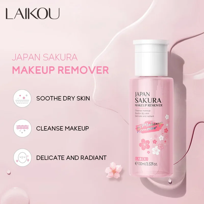 LAIKOU Sakura Make-up-Entferner-Wasser, 100 ml, saubere Gesichtsporen, erfrischend und sanft, Tiefenreinigung, beruhigt trockene Haut, spendet Feuchtigkeit
