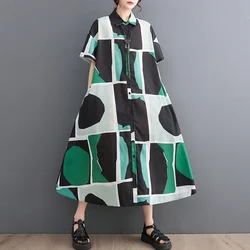 #3309 Printed Shirt Dress Women Pockets Loose A-line Dress Female Casual Vintage Midi Dress Short Sleeve Buttons Black Beige