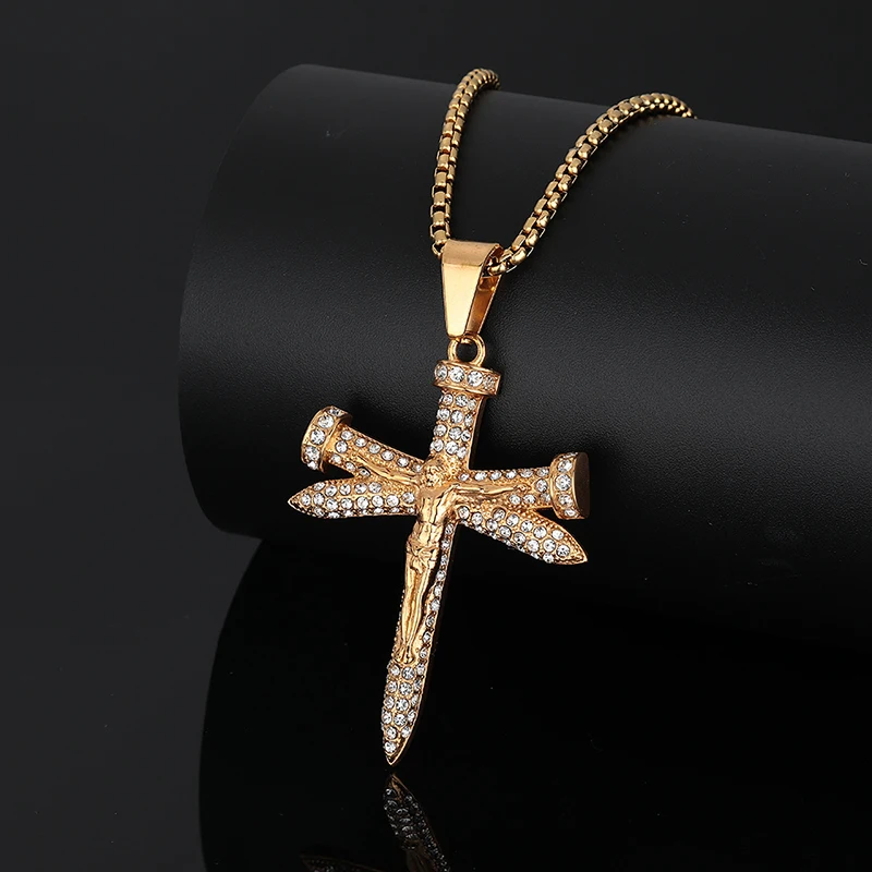 

Hip Hop Bling Iced Out Gold Color Stainless Steel INRI Crucifix Jesus Nail Cross Pendants Necklace for Men Rapper Jewelry