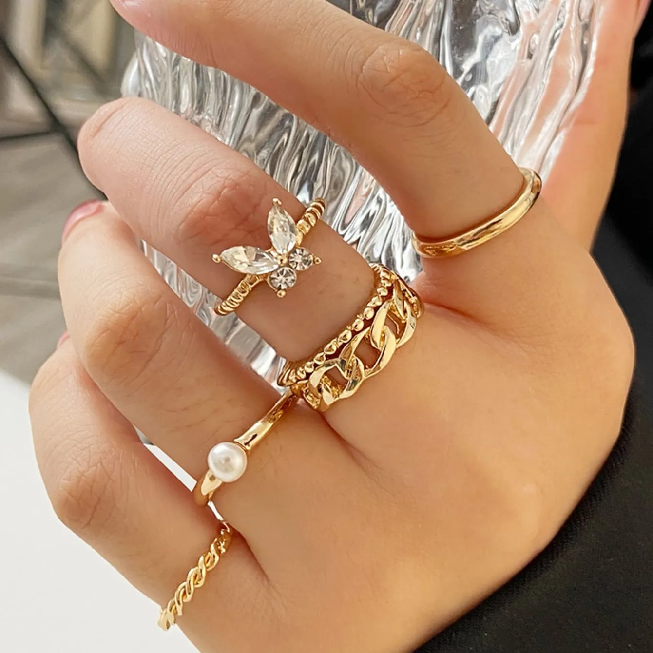 Korean Fashion Open Adjustable Butterfly Rings For Women Simple Zircon Ring Set Gold Color Simple Hip-Hop Delicacy Jewelry Gifts