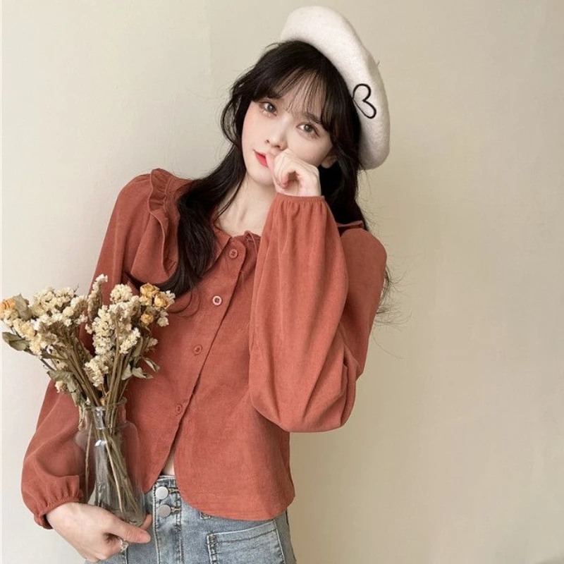 Shirts Women Sweet Vintage Solid French Style Gentle Peter Pan Collar Ruffles Simple Autumn Fashion All-match Casual Chic Loose