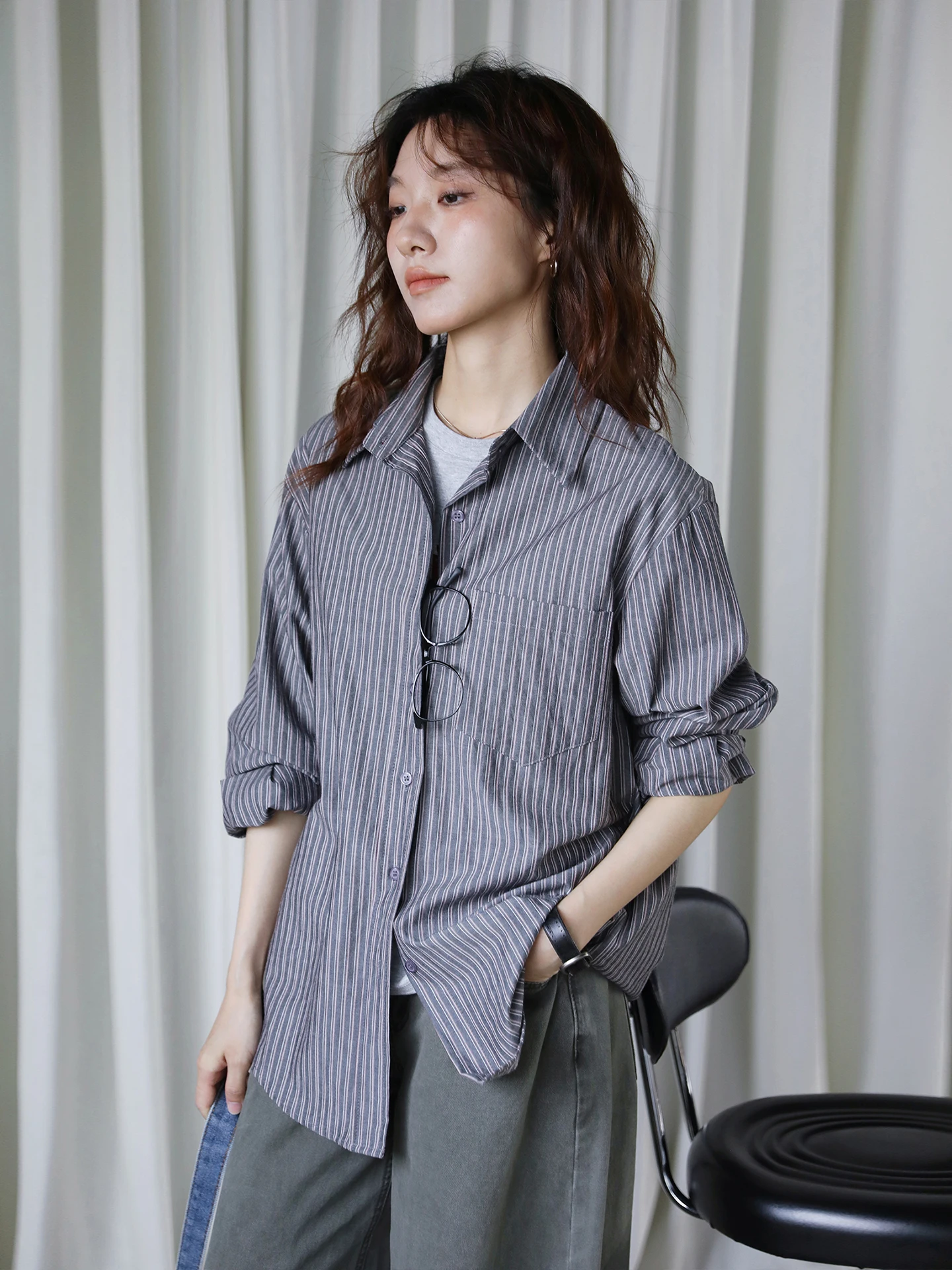 

Ретро-рубашка в полоску с длинными рукавами из хлопка, женская, в повседневном стиле, свободного кроя, летний кардиган, топ с защитой от солнца