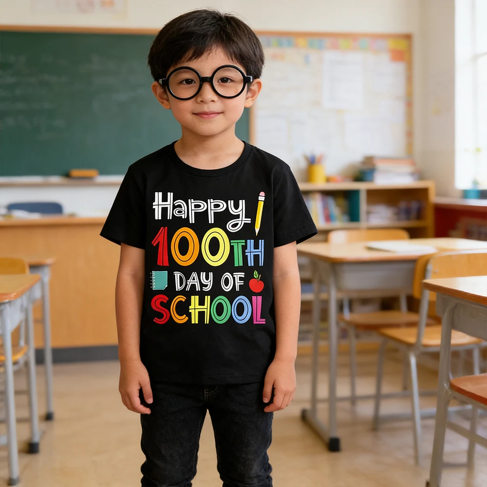 

Children Perform Costume 100 Days Of School Gifts Top With Glasses Boys And Girls Letter Print Tees Shirt Kids Black T-shirt