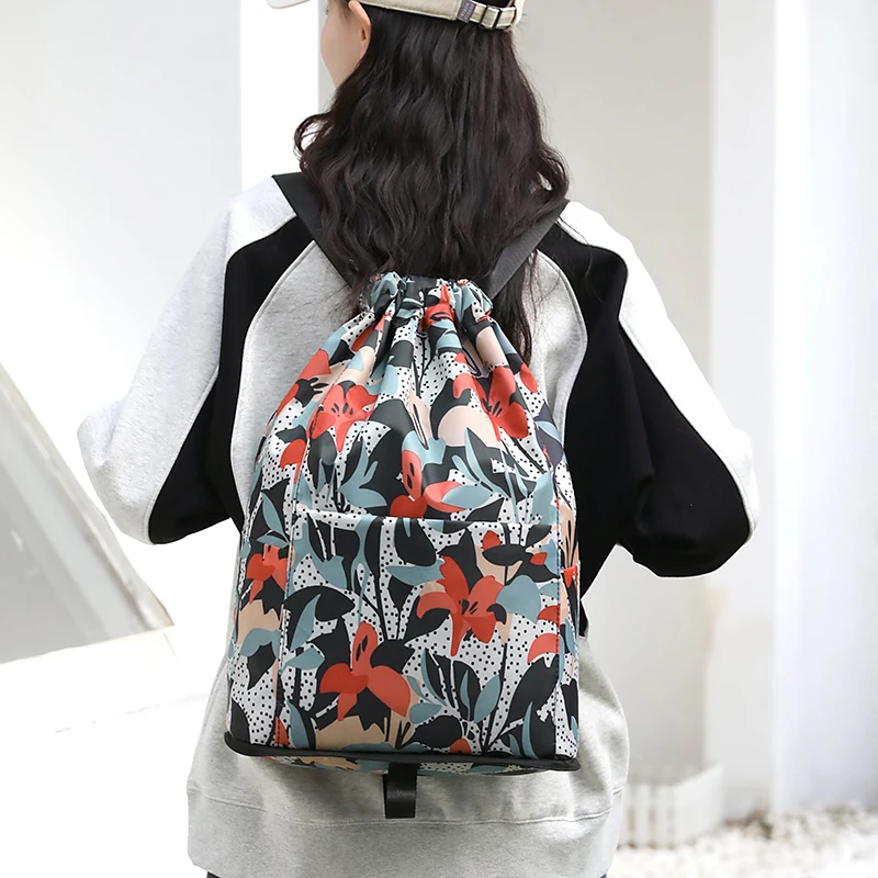 Mochila con cordón para mujer, de alta calidad bolso de tela, plegable, portátil, para ir de compras